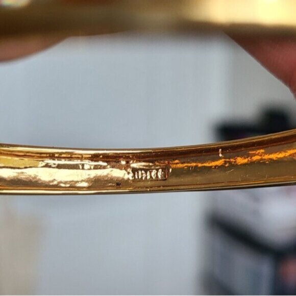 Vintage 80s BUTLER Gold Tone Hinged Orange Amber White Crystal Bangle Bracelet - Picture 3 of 13